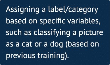 Assigning a label category based on specific variables, such as classifying a picture as a cat or a dog (based on pre   