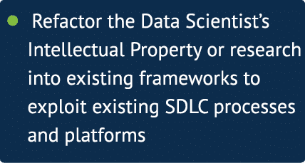     Refactor the Data Scientist s Intellectual Property or research into existing frameworks to exploit existing SDLC   